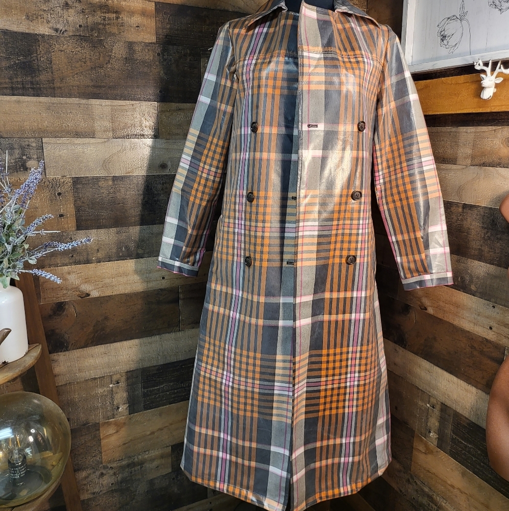 SOMETHING NAVY plaid trench raincoat yellow black and pink